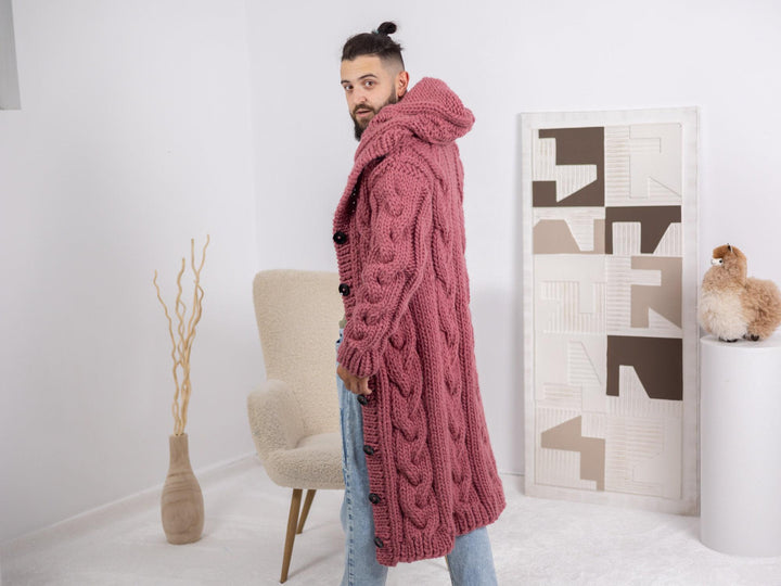 Hand-Knitted Pink Wool Cardigan – Men’s Cable Knit Pullover T1687