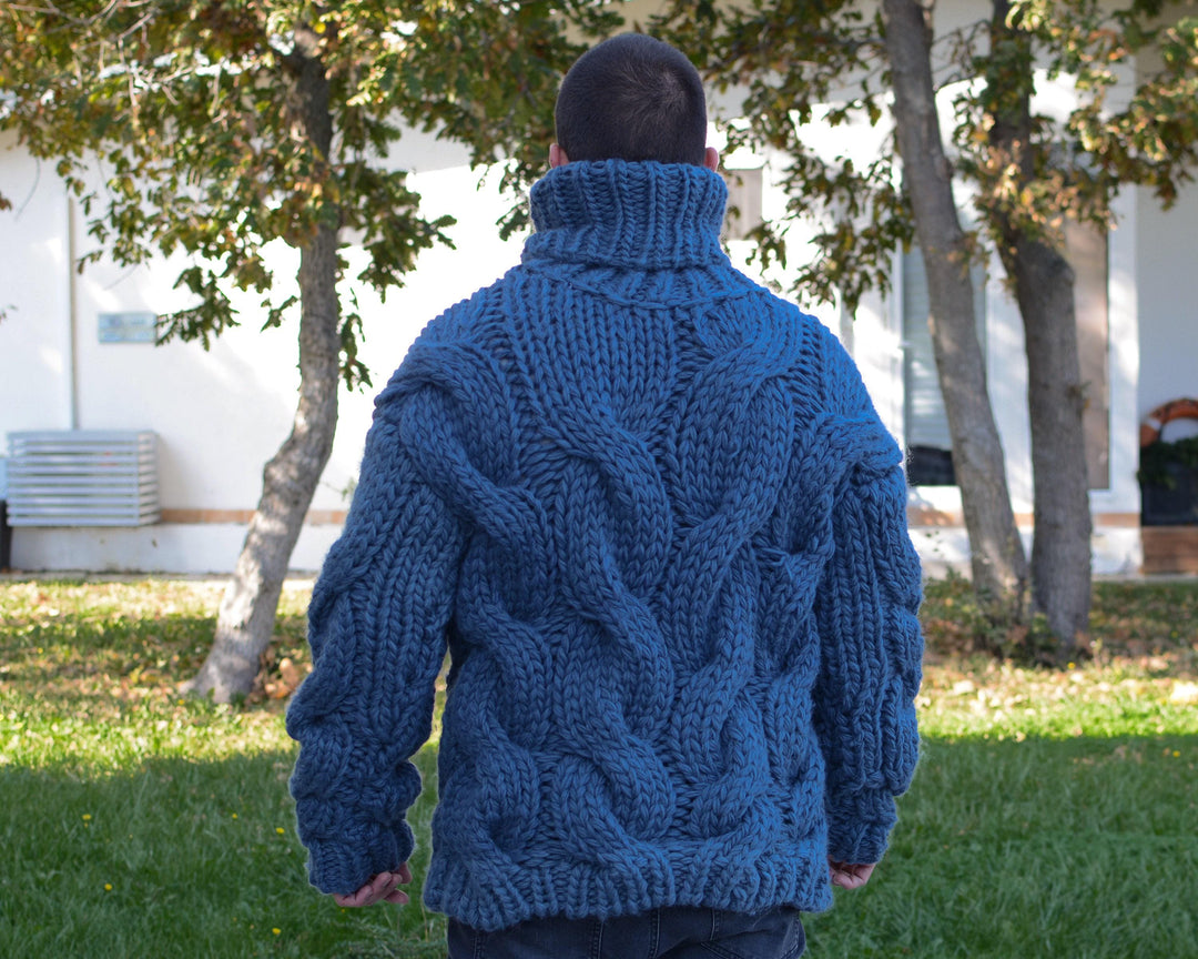 Blue Pure Wool Sweater – Mega Thick Hand-Knitted Cable Knit Turtleneck Pullover T660M
