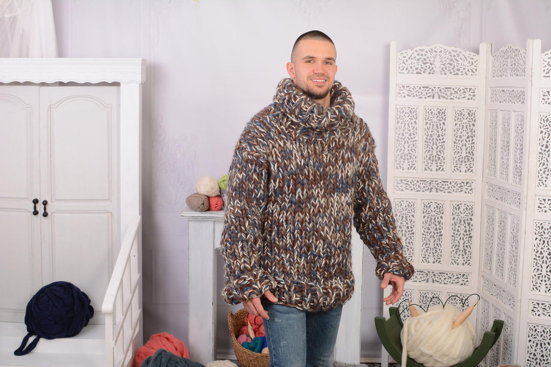 Chunky 7-Strand Hand-Knitted Wool Sweater – Melange Heavy Pullover T724M