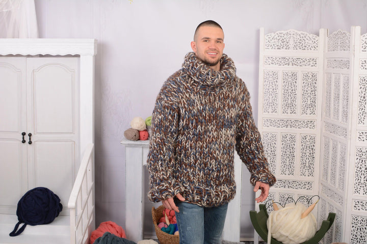 Chunky 7-Strand Hand-Knitted Wool Sweater – Melange Heavy Pullover T724M