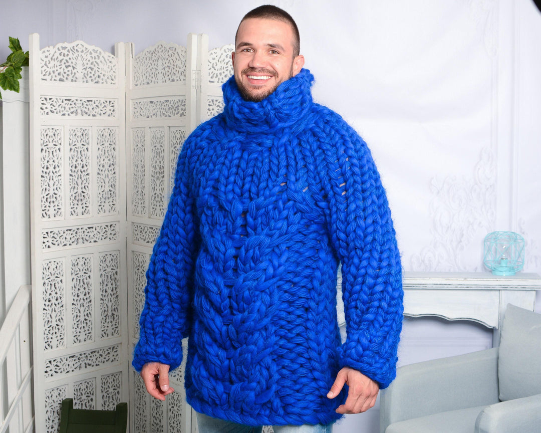 Hand-Knitted Chunky Sweater – Mohair, Merino Roving & Soft Wool Blend Pullover T791M