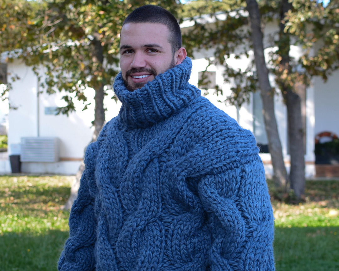 Blue Pure Wool Sweater – Mega Thick Hand-Knitted Cable Knit Turtleneck Pullover T660M