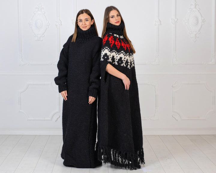 Black Wool Poncho – Oversized Icelandic Pattern Chunky Knit Body Cover T975M