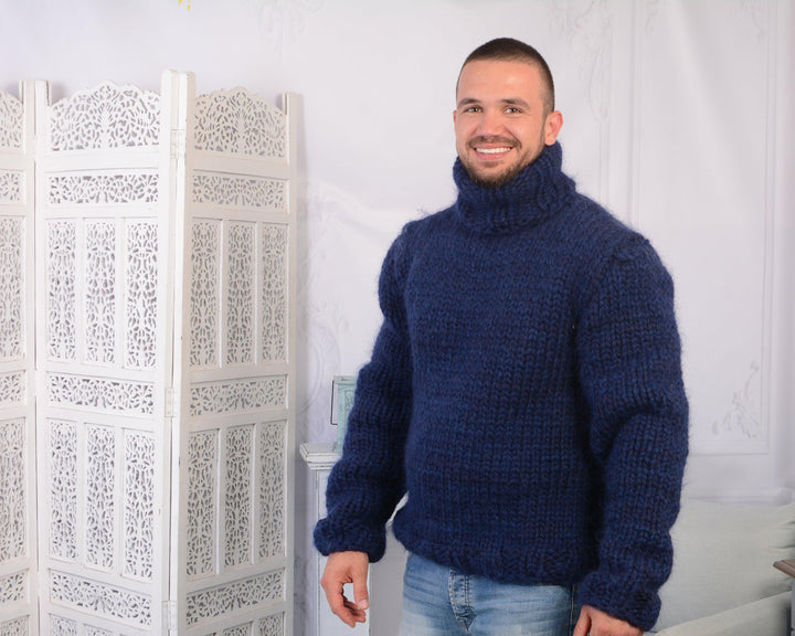 6-Strand Mohair and Wool Mix Sweater – Chunky Hand-Knitted Navy Blue Jumper T789M