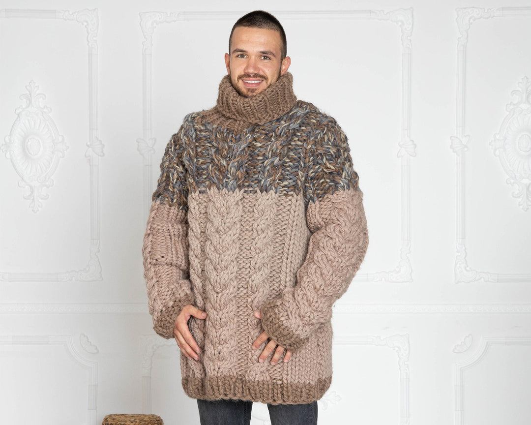 Hand-Knitted 5-Strand Melange Wool Sweater – Chunky Cable Knit Oversized Pullover T631M