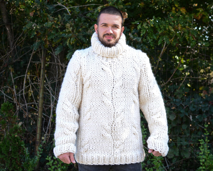 Chunky Wool Sweater in Cream – Hand-Knitted Cable Knit Jumper T662M
