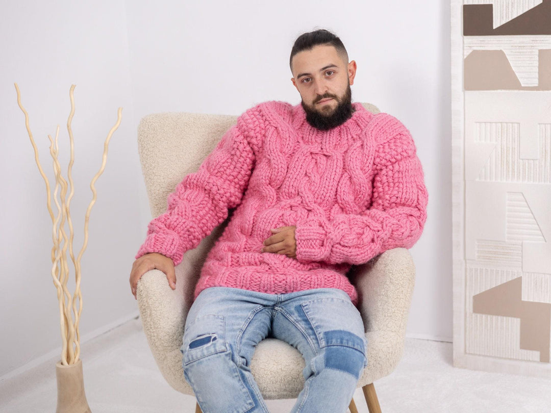 Chunky Pink Wool Sweater – 5-Strand Thick Hand-Knitted Cable Knit Men’s Jumper T1665