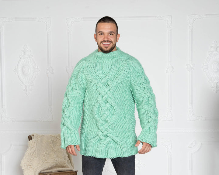 Mint Green Cable Knit Sweater – 3-Strand Hand-Knitted Wool Turtleneck for Men T626M