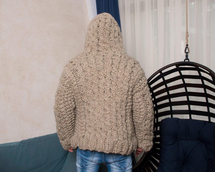Hand-Knitted Wool Cardigan – Chunky Oversized Aran Honeycomb Knit Jacket T805M