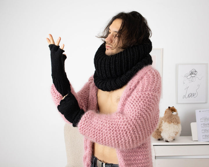 Unisex Wool Scarf – Extra Long 80 cm Ribbed Turtleneck Hand-Knitted Soft Wrap T1348