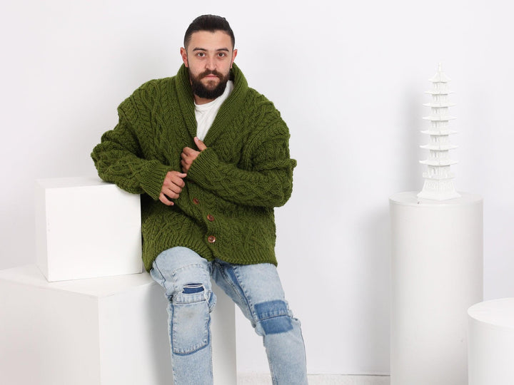 Green Men’s Cardigan – Hand-Knitted 100% Wool Chunky Knit Jacket T1645