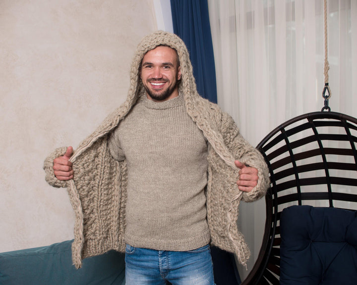 Hand-Knitted Wool Cardigan – Chunky Oversized Aran Honeycomb Knit Jacket T805M