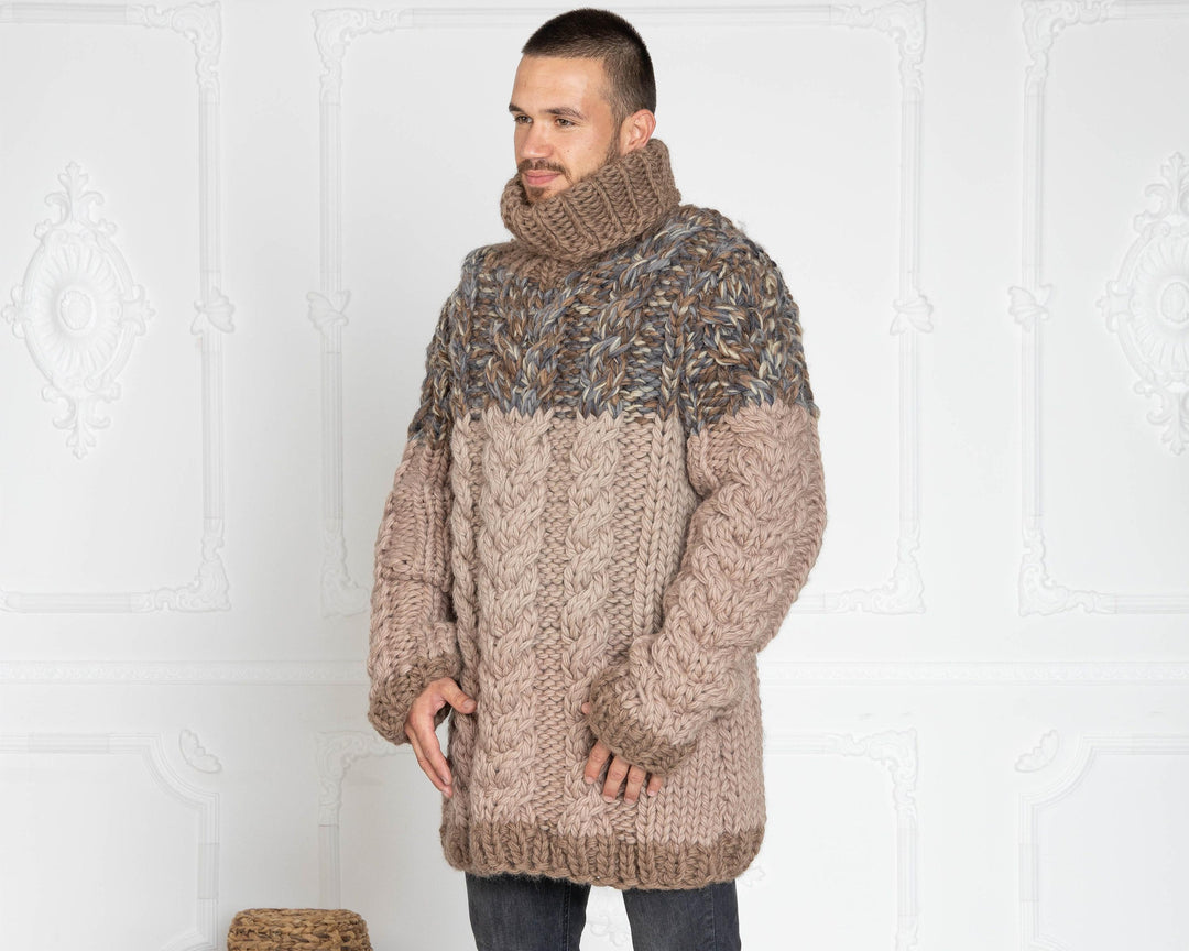Hand-Knitted 5-Strand Melange Wool Sweater – Chunky Cable Knit Oversized Pullover T631M