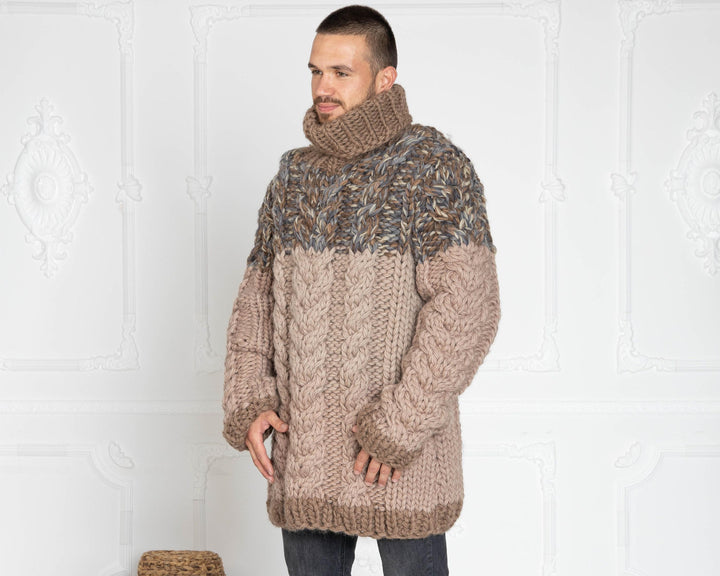 Hand-Knitted 5-Strand Melange Wool Sweater – Chunky Cable Knit Oversized Pullover T631M