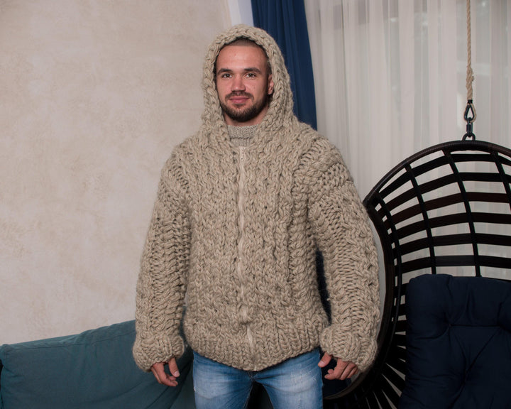 Hand-Knitted Wool Cardigan – Chunky Oversized Aran Honeycomb Knit Jacket T805M