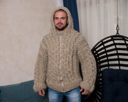 Hand-Knitted Wool Cardigan – Chunky Oversized Aran Honeycomb Knit Jacket T805M