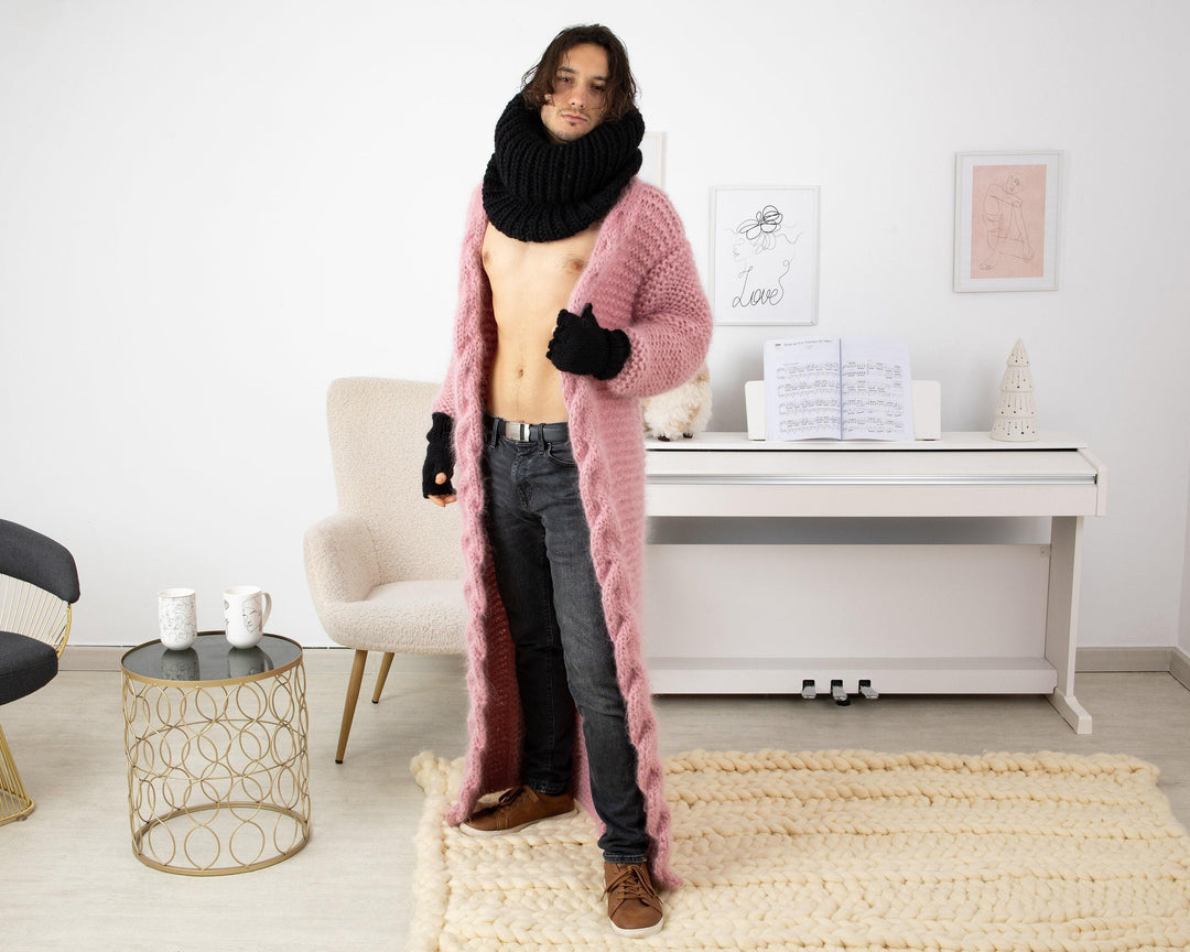Unisex Wool Scarf – Extra Long 80 cm Ribbed Turtleneck Hand-Knitted Soft Wrap T1348