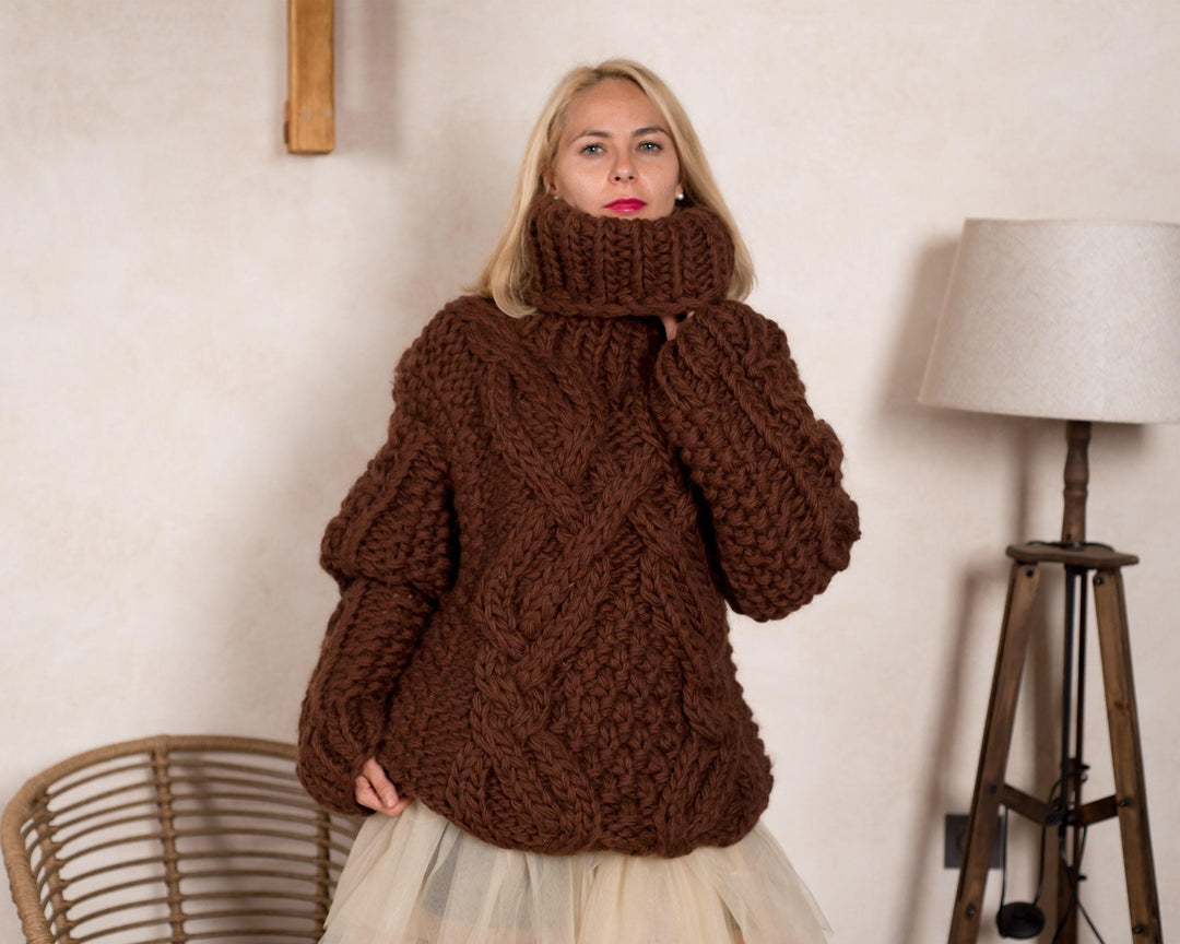 Brown Cable Knit Sweater – Hand-Knitted Cozy Winter Pullover T813M