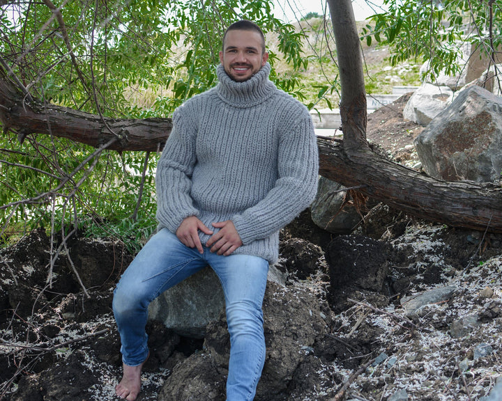 Gray Wool Sweater – Hand-Knitted Ribbed Fisherman Style Warm Jumper T782M