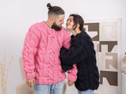 Pull en laine rose épais – Pull homme tricoté main à grosses mailles 5 fils T1665