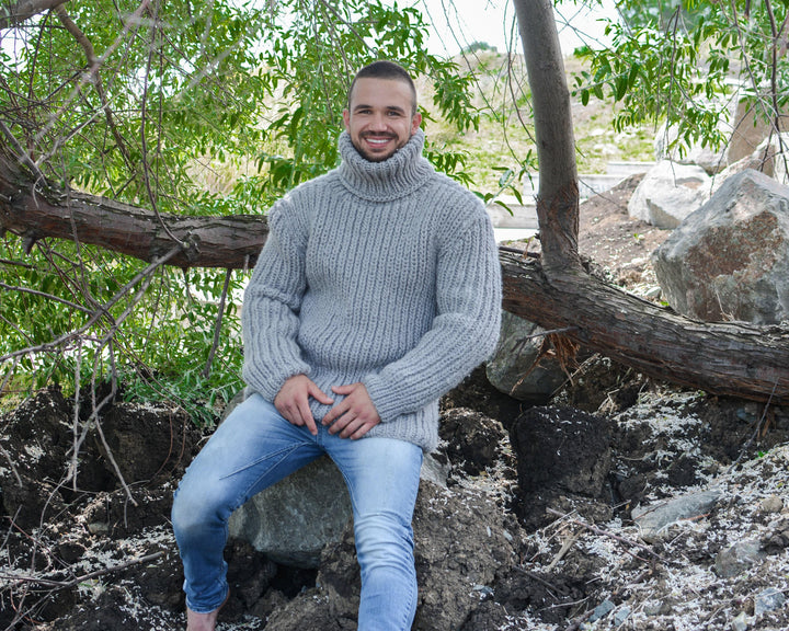 Gray Wool Sweater – Hand-Knitted Ribbed Fisherman Style Warm Jumper T782M