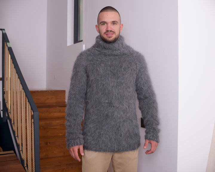 Hairy Alpaca Wool Sweater – Hand-Knitted Soft Gray Turtleneck Winter Jumper for Women T868M