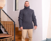 Pull en laine épais zig-zag bleu et blanc – Pull en laine douce tricoté à la main T820M