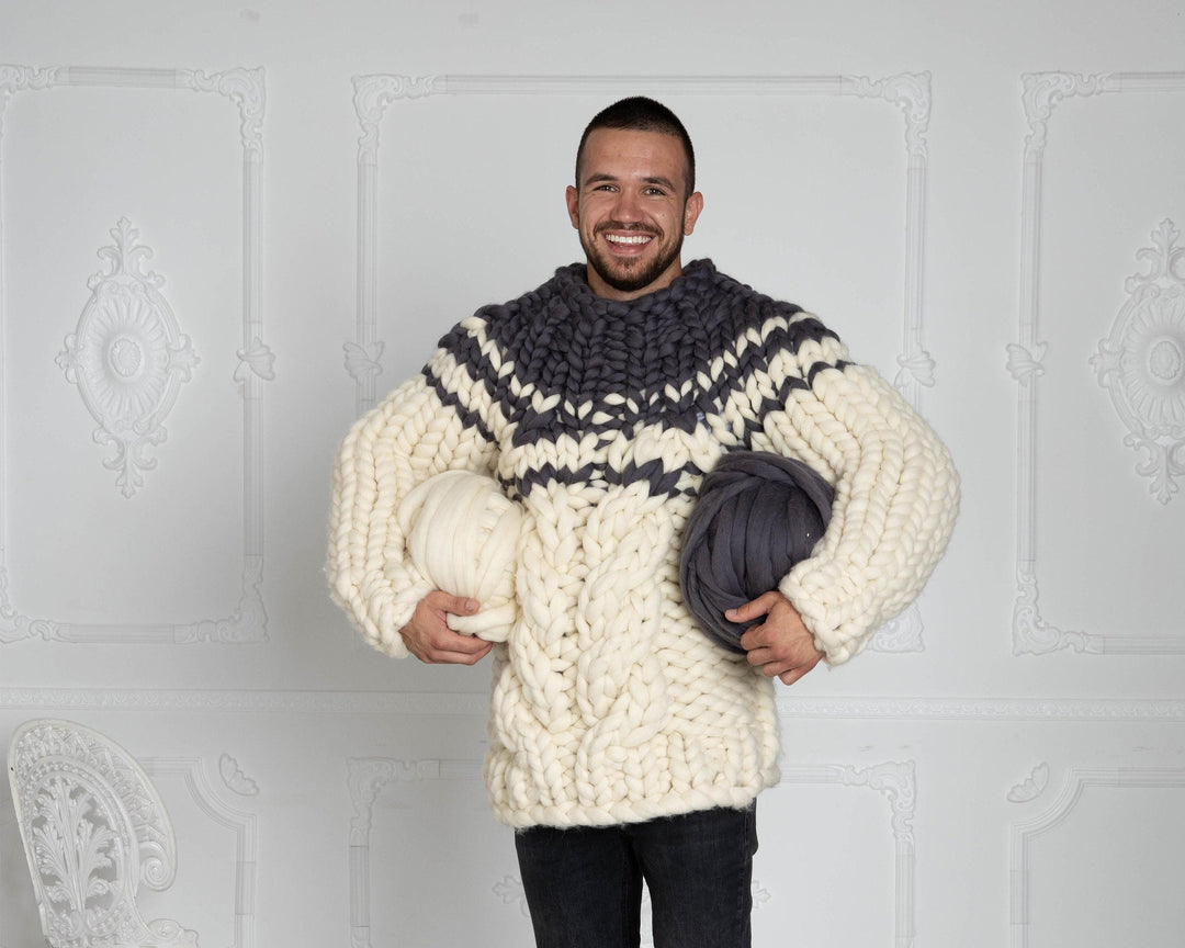 Chunky Hand-Knitted Gray & Cream Wool Sweater – Giant Merino Knit Men’s Pullover T621M