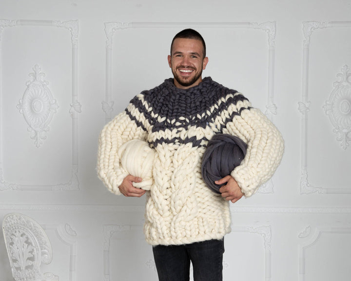 Chunky Hand-Knitted Gray & Cream Wool Sweater – Giant Merino Knit Men’s Pullover T621M