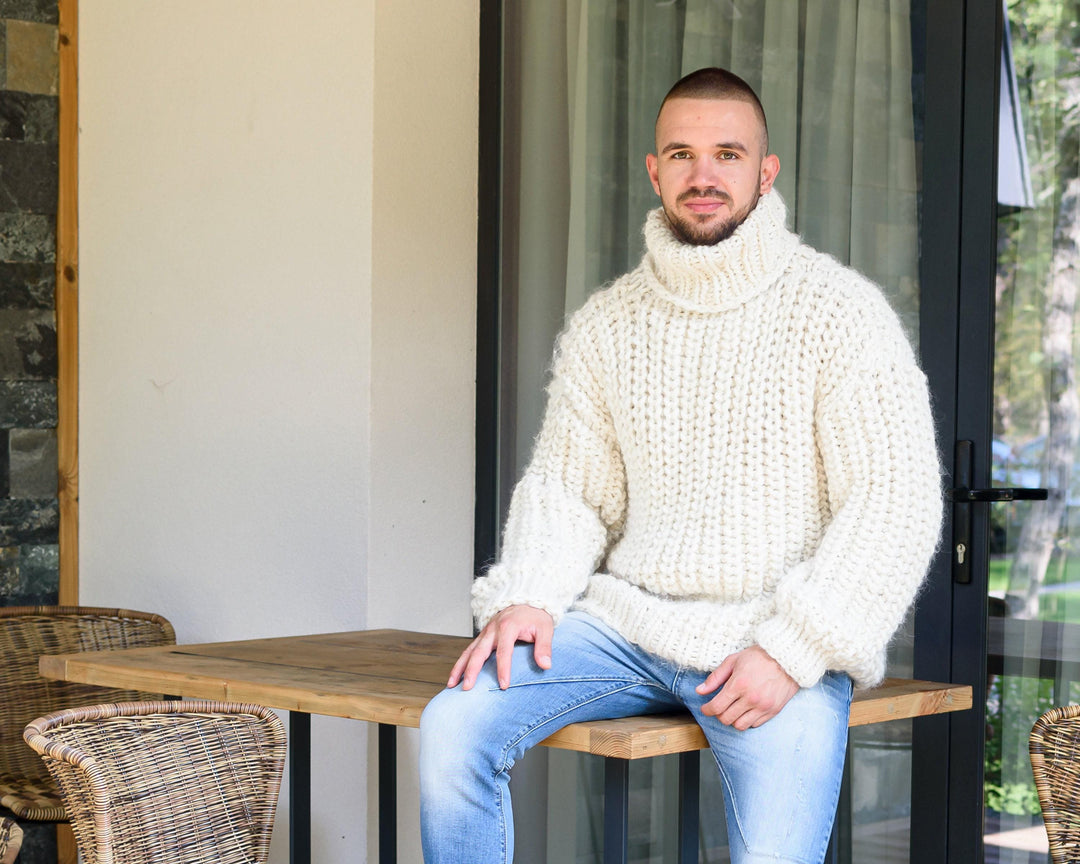 100% Soft Alpaca Sweater – Thick Hand-Knitted Fisherman Rib Oversized Jumper T887M