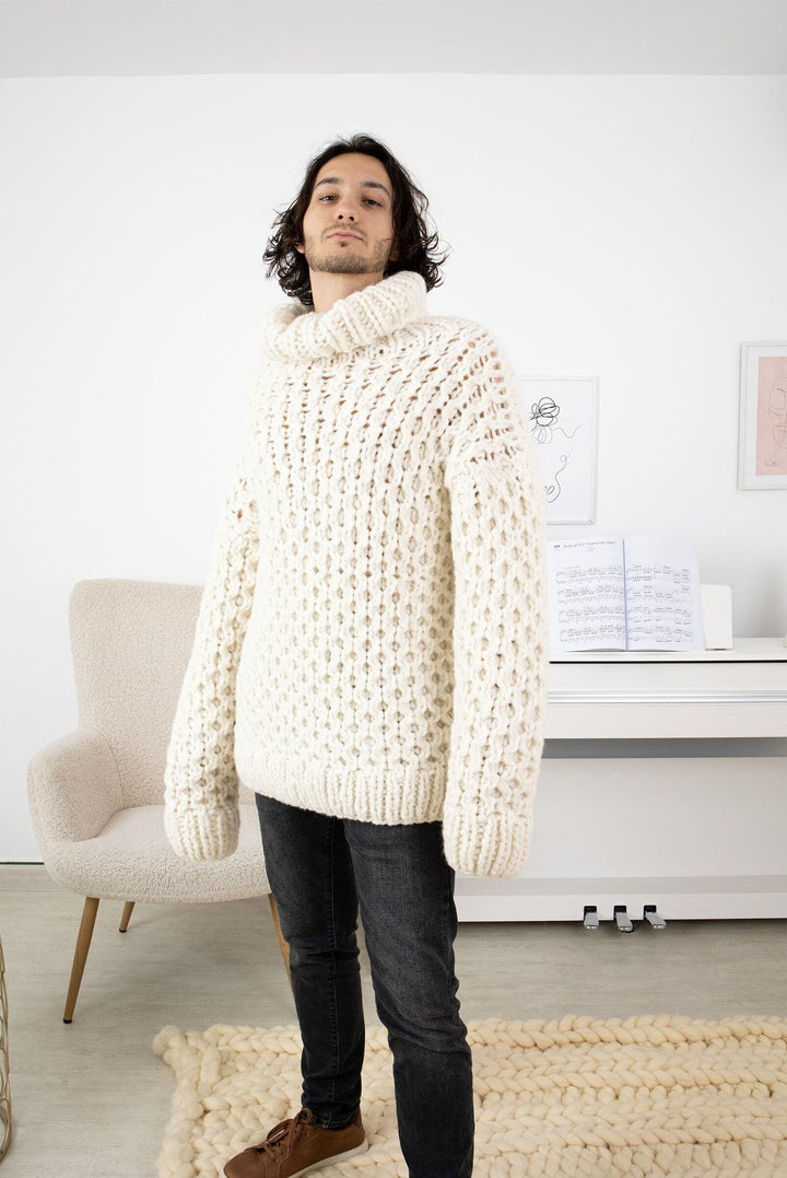 Chunky Hand-Knitted Baby Alpaca Sweater – Extra Soft Honeycomb Jumper T1339