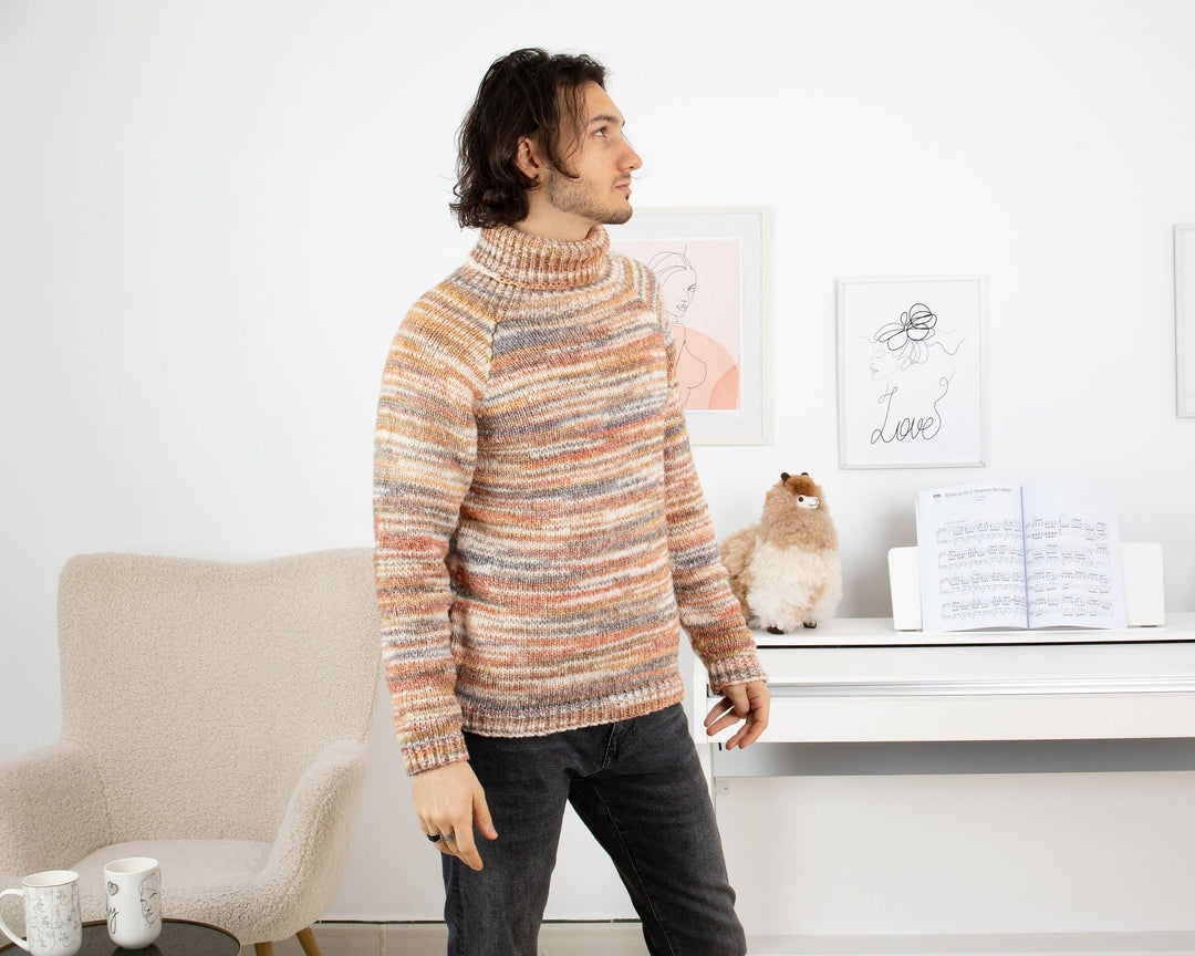 Soft Merino Wool Sweater – Hand-Knitted Men’s Melange Jumper T1331