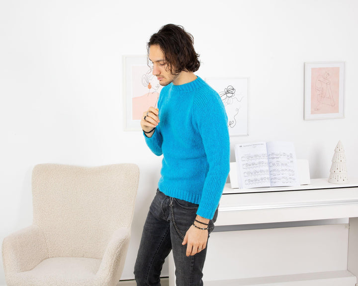 Hand-Knitted Soft Merino Wool Sweater – Blue Men’s Jumper T1330