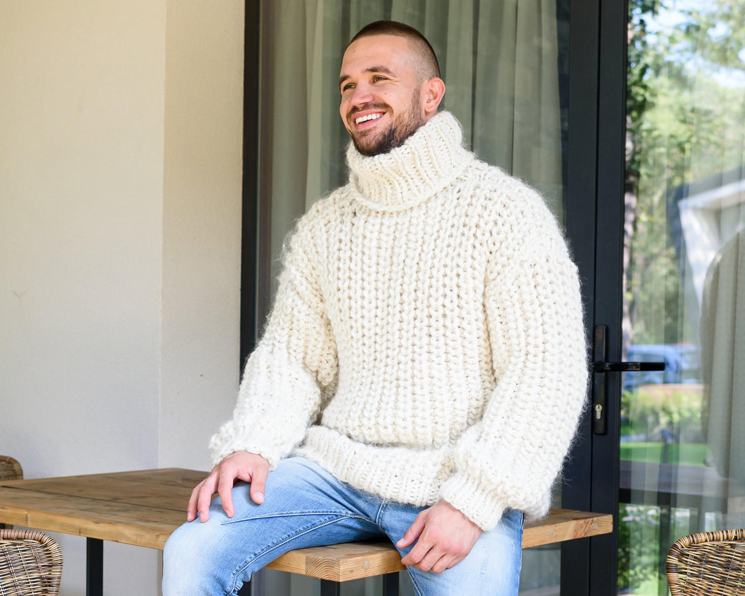 100% Soft Alpaca Sweater – Thick Hand-Knitted Fisherman Rib Oversized Jumper T887M