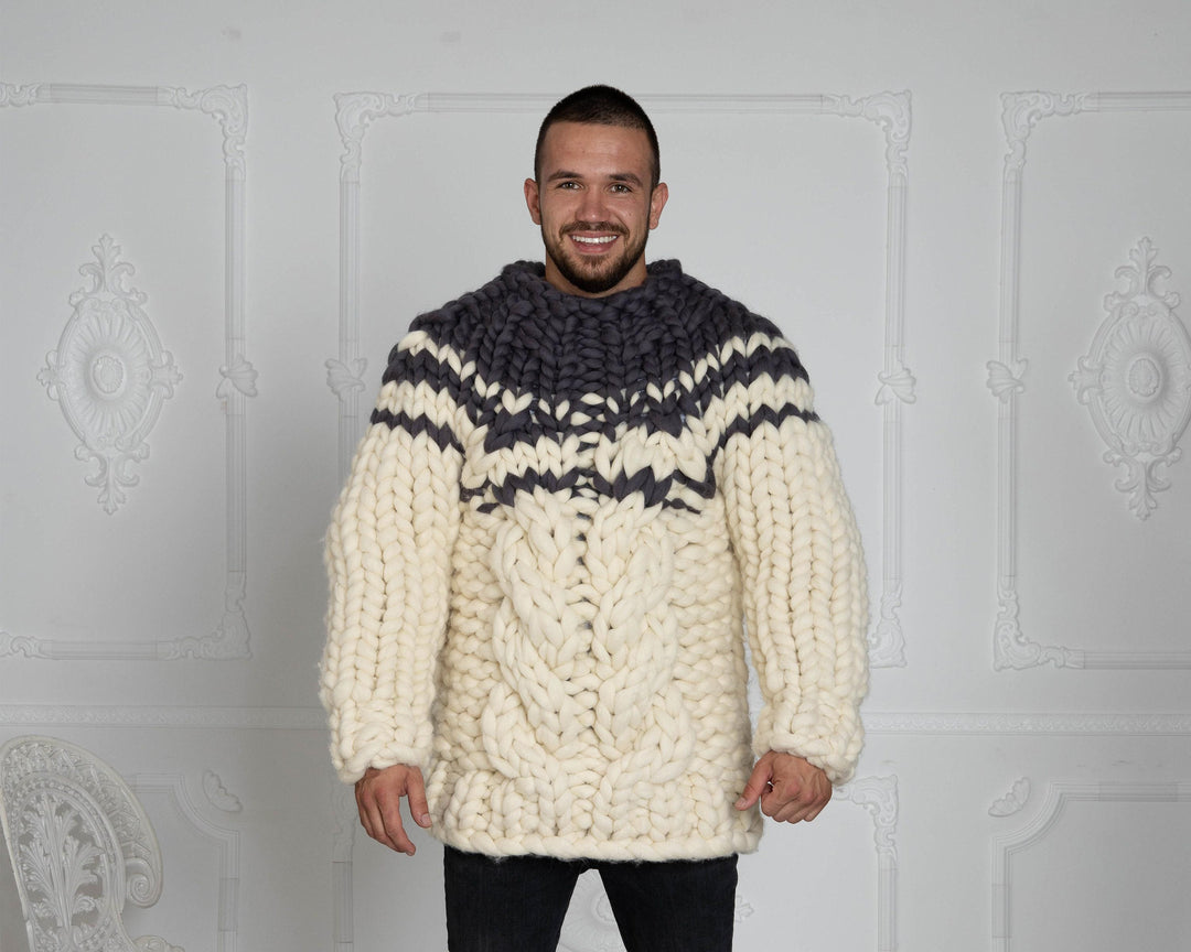 Chunky Hand-Knitted Gray & Cream Wool Sweater – Giant Merino Knit Men’s Pullover T621M