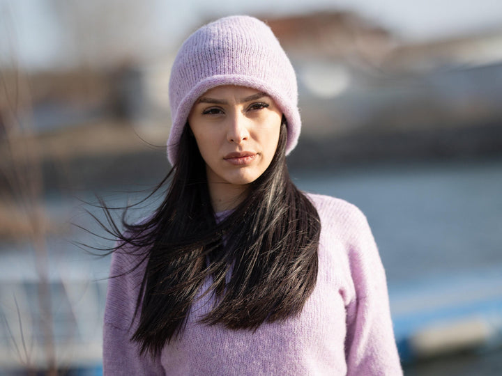 Purple Alpaca Mix Hat – Hand Knitted Soft Fluffy Winter Beanie T1194