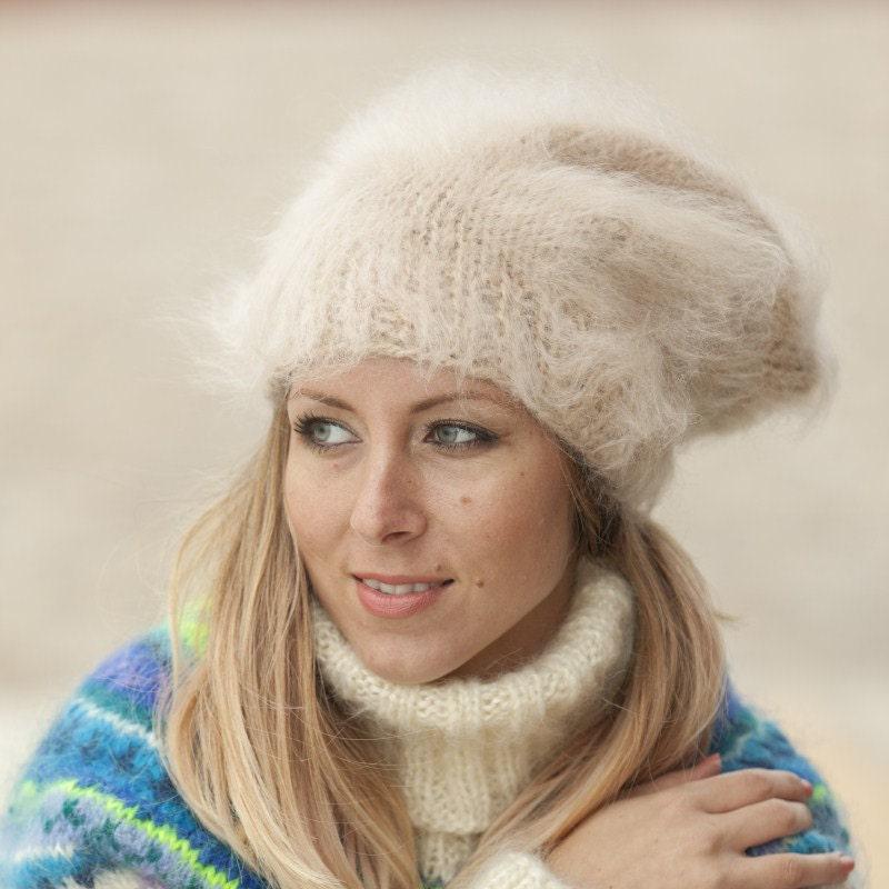 Beige Mohair Hat – Hand Knitted Fluffy Slouchy Beanie Balaclava T492