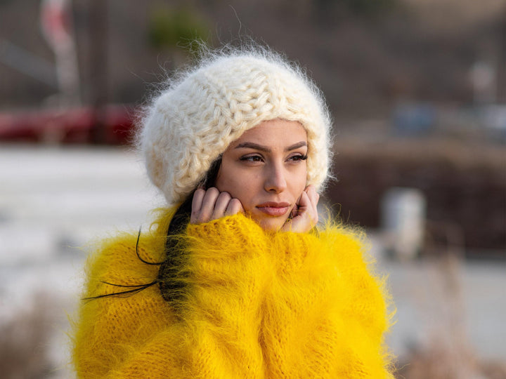 8-Strand Mohair Hat – Hand Knitted Fluffy Winter Beanie T1189