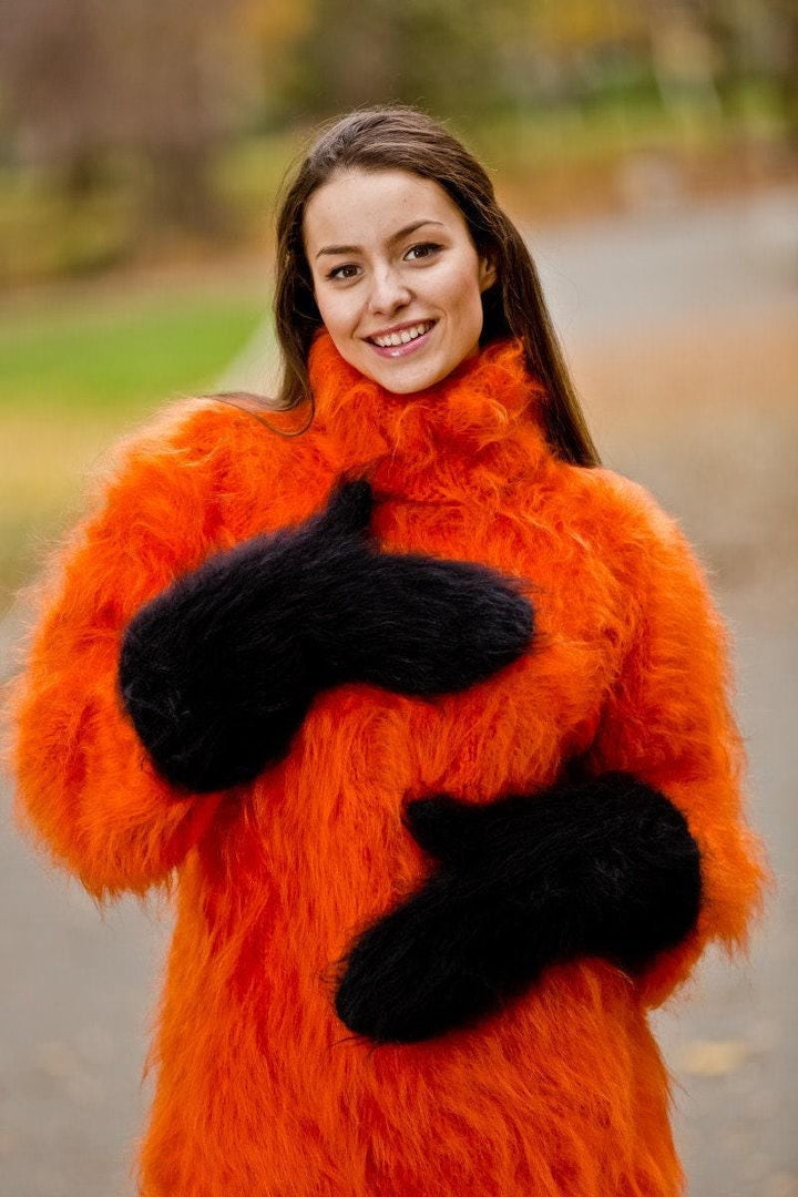 Black Mohair Mittens – Hand Knitted Fluffy Soft Winter Gloves T191b