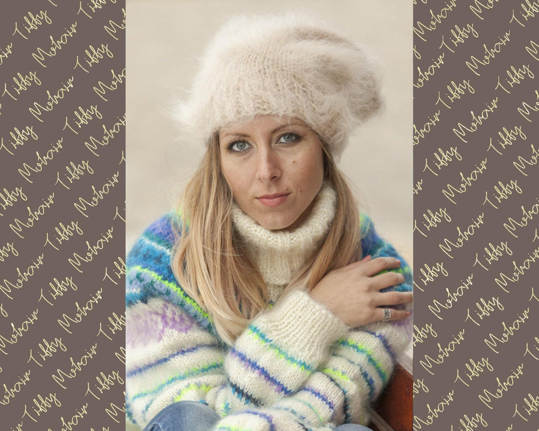 Beige Mohair Hat – Hand Knitted Fluffy Slouchy Beanie Balaclava T492
