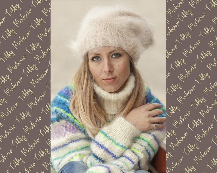 Beige Mohair Hat – Hand Knitted Fluffy Slouchy Beanie Balaclava T492