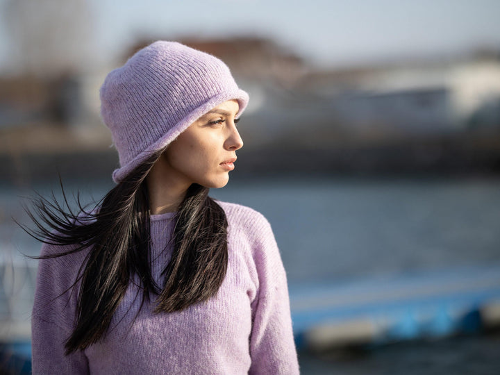 Purple Alpaca Mix Hat – Hand Knitted Soft Fluffy Winter Beanie T1194