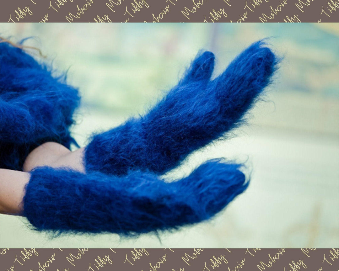 Blue Mohair Mittens – Hand Knitted Fluffy Soft Winter Gloves T191a