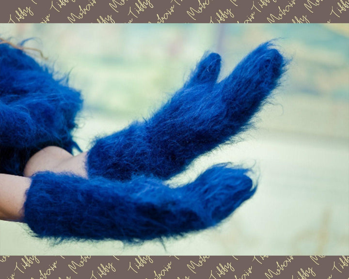 Blue Mohair Mittens – Hand Knitted Fluffy Soft Winter Gloves T191a