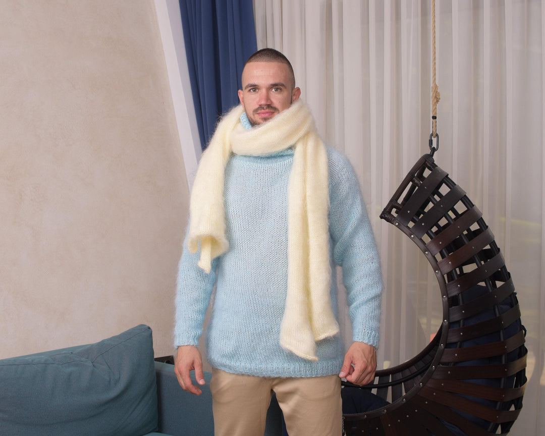 Cream Mohair Scarf – Hand Knitted Fluffy Shawl, Long Fuzzy Wrap T879