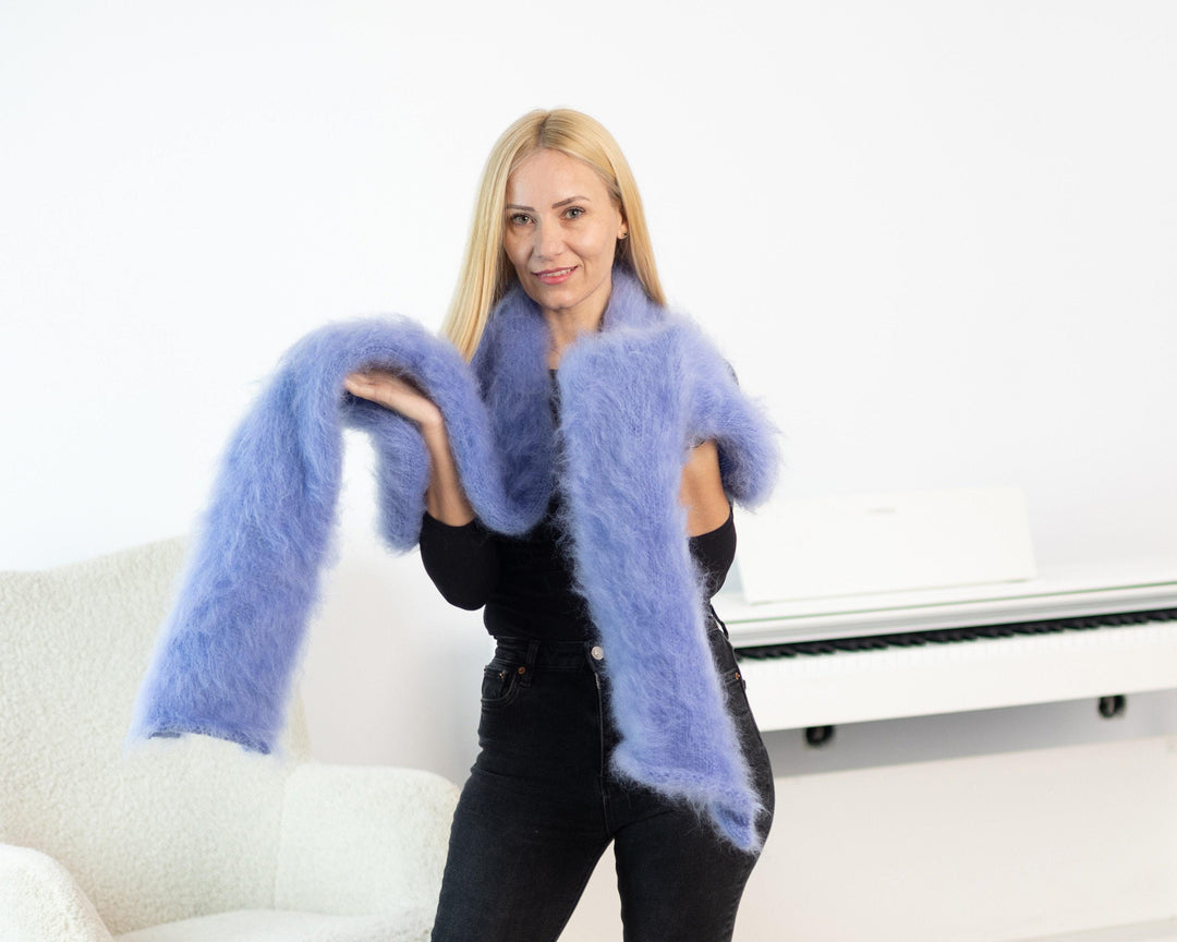 Blue Brushed Mohair Scarf – Hand Knitted Fluffy Shawl, Soft Long Fuzzy Wrap T1530