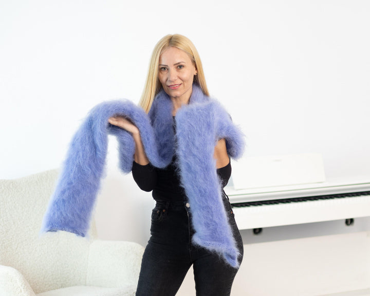 Blue Brushed Mohair Scarf – Hand Knitted Fluffy Shawl, Soft Long Fuzzy Wrap T1530