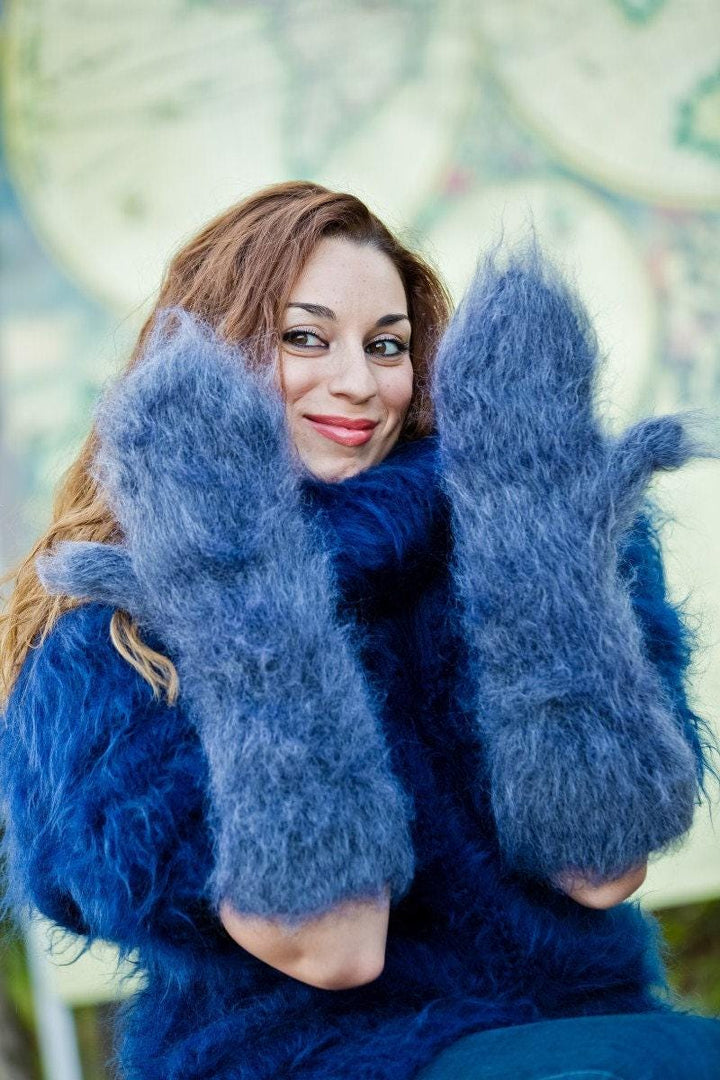 Blue Mohair Mittens – Hand Knitted Fluffy Soft Winter Gloves T191
