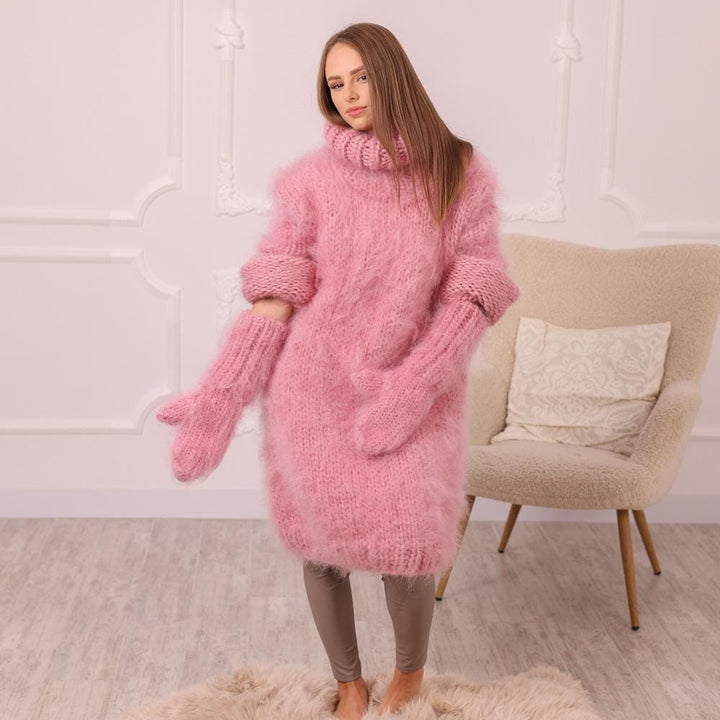 Pink Mohair Mittens – Hand Knitted 6-Strand Fluffy Gloves with Ribbed Cuff T2012