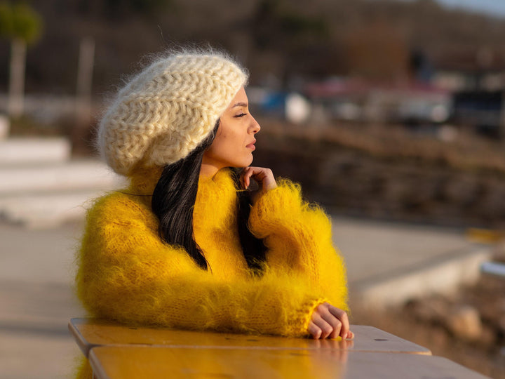 8-Strand Mohair Hat – Hand Knitted Fluffy Winter Beanie T1189